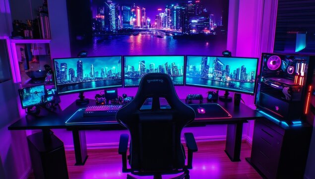 Vibrant purple and blue illuminated gaming setup with triple monitor display and city backdrop.