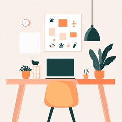 Fototapeta premium Modern and Minimalistic Home Office Desk Setup Featuring a Laptop, Potted Plants, and Stylish Decor Elements for a Creative Workspace Environment