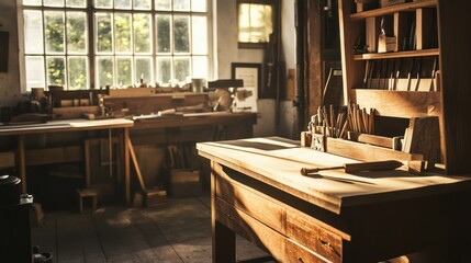 A sophisticated woodworking bench in a sunlit workshop, Woodworking tools and projects meticulously positioned, Rustic craft style
