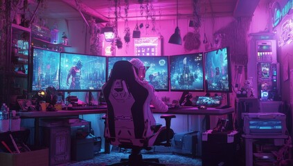 Naklejka premium Gamer in vibrant room playing video games on multiple monitors.