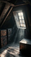 Sunlight Streaming Through a Dusty Attic Window with Wooden Boxes