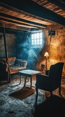 Dimly Lit Abandoned Room with Dust and Smoke in Vintage Style