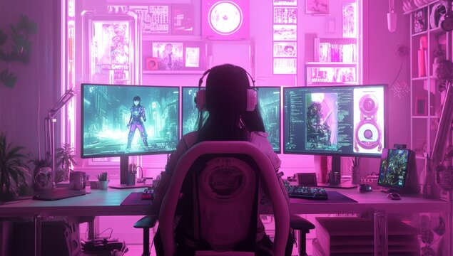 Woman gamer playing video games on triple monitors in a vibrant pink-lit room.