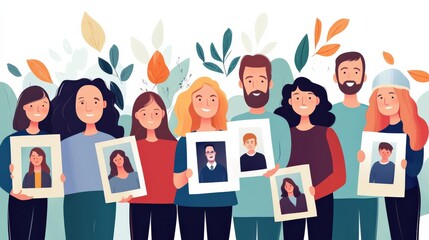 Obraz premium Diverse Group of People Holding Portraits in an Outdoor Setting Surrounded by Nature and Colorful Leaves Emphasizing Community and Relationships