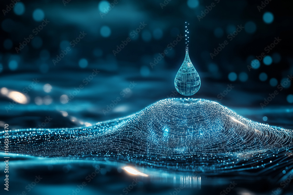 Aufkleber digital water droplet hovering above abstract data waves and particle streams. futuristic visualizat