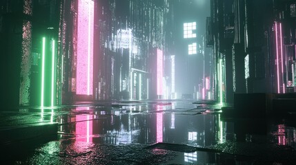 Futuristic neon city street reflecting in wet ground.