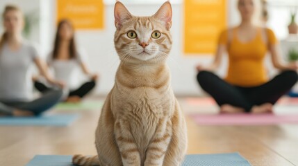 A Calm Ginger Cat Sitting in Front of Women Practicing Yoga in a Bright Room with Colorful Mats, Inspiring Serenity and Relaxation in a Studio Setting