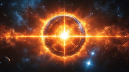 Fototapeta premium Fiery Celestial Orb Radiates Light Across Space