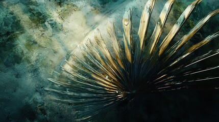 Naklejka premium Golden palm leaf on dark textured background.