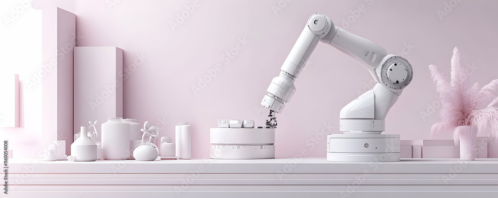 Aufkleber a white robotic arm interacts with circular objects on a minimalist pink background.