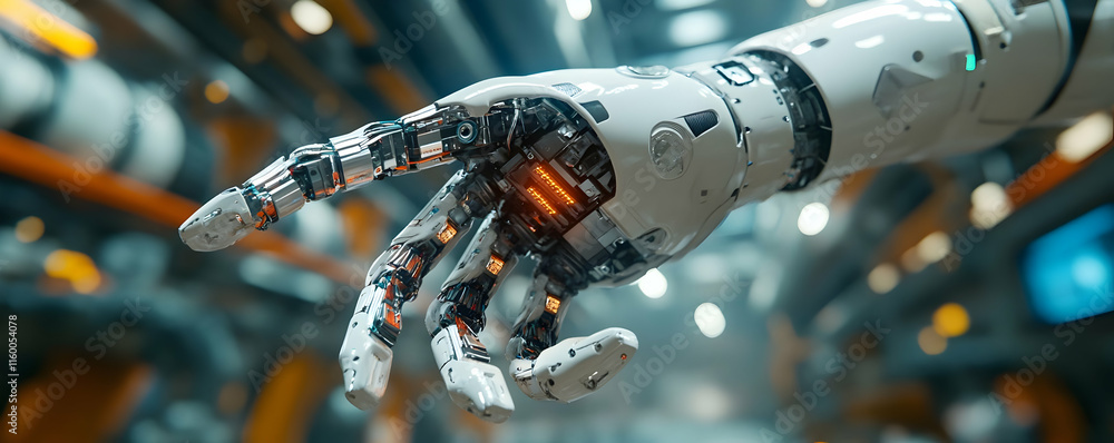 Poster a close-up of a robotic hand showcasing intricate mechanical details and glowing elements.
