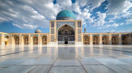 Obraz premium Magnificent mosque courtyard with intricate architecture under a vibrant cloudy sky : Generative AI