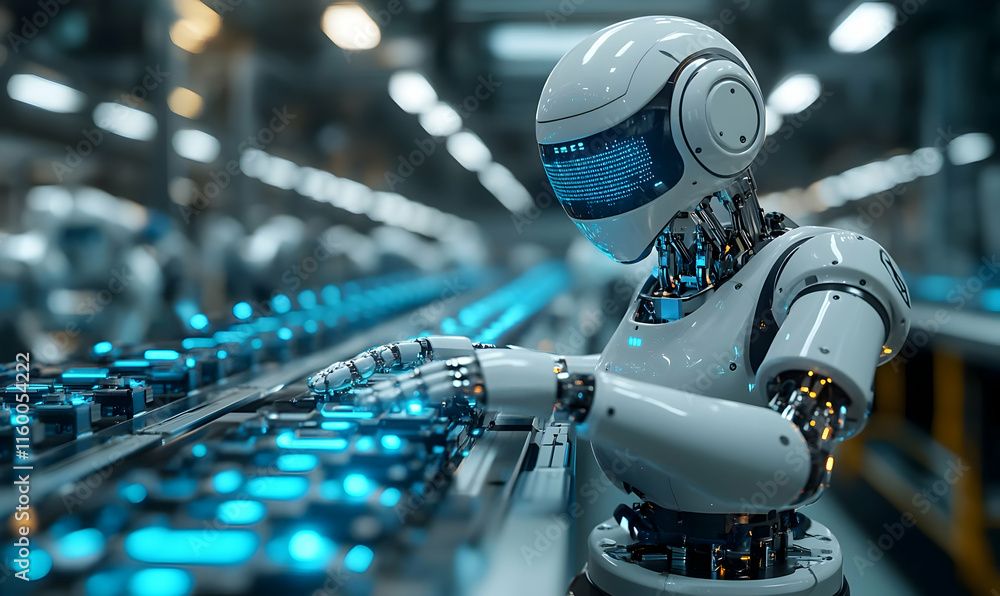 Poster a futuristic robot working on an assembly line in a high-tech industrial setting.