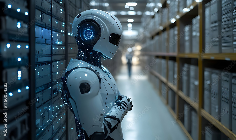 Poster a futuristic robot stands in a dimly lit storage area filled with data boxes.
