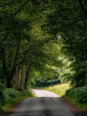 Obraz premium Serene Forest Road Surrounded by Lush Green Trees : Generative AI