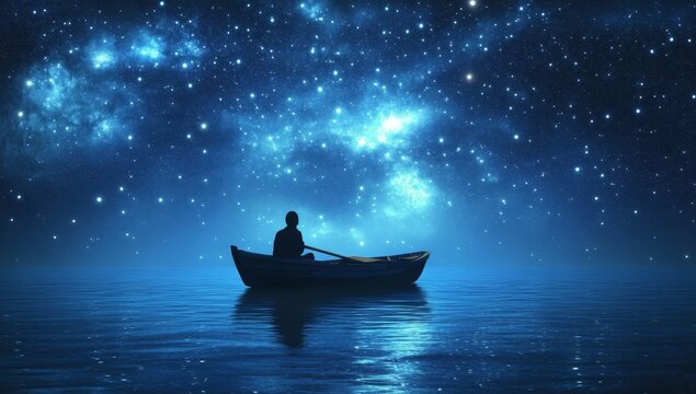 Solitary figure in rowboat on tranquil water under a breathtaking starry night sky.