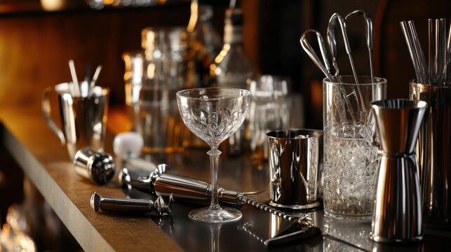 A stylish cocktail mixology bar with mixology tools and premium spirits, Mixology tools and sophisticated cocktail glasses neatly arranged, Trendy mixologist style