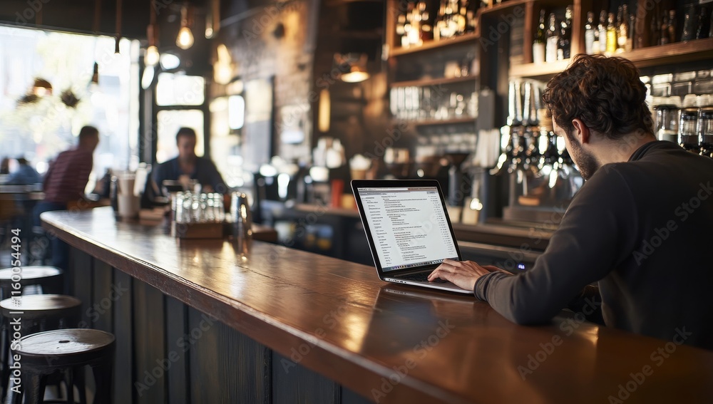 Poster man working on laptop at bar counter.