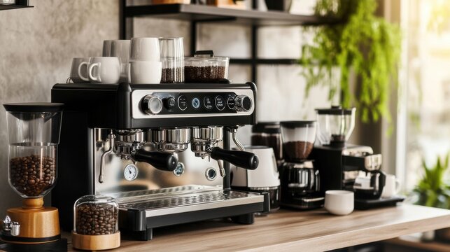 A stylish home barista setup with espresso machines and coffee beans, Coffee brewing tools and aromatic cups neatly arranged, Modern coffeehouse style