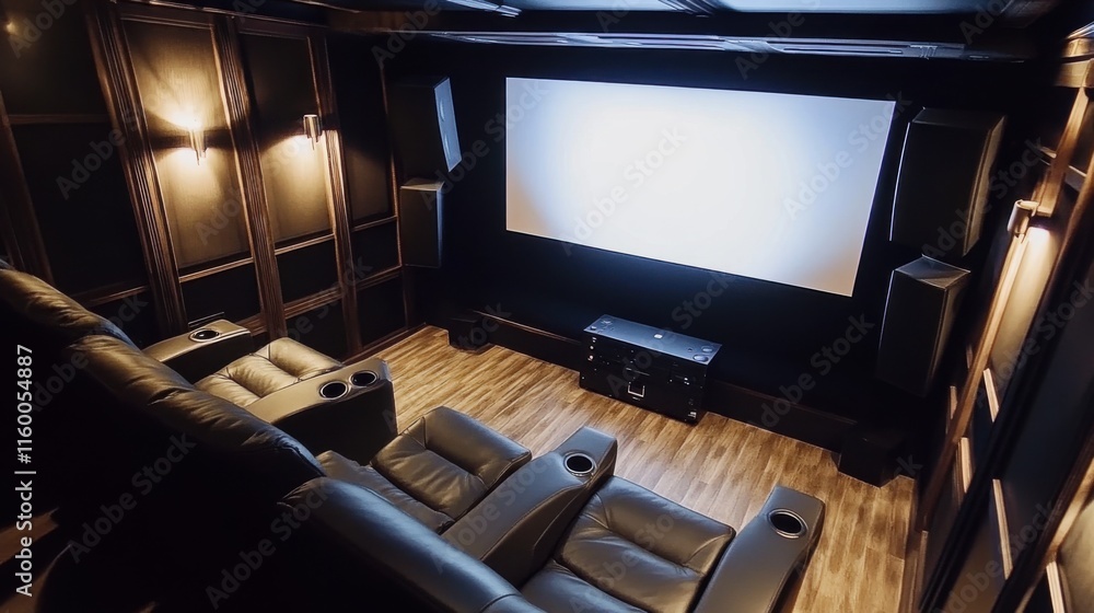 Poster a stylish home theater with a large screen and sound system, seating and media equipment arranged me
