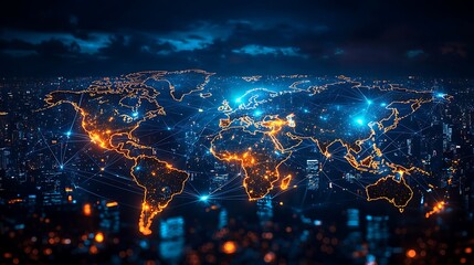 Fototapeta premium Global Network Illuminated Cities World Map