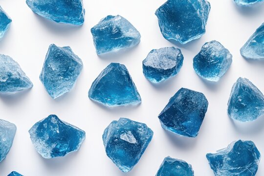 Scattered blue crystal pieces on white. Ideal for backgrounds, jewelry, or mineral themes.