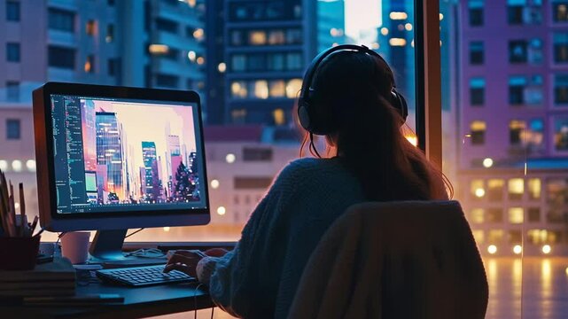 A girl with headphones is sitting at her desk, drawing on the computer screen and sketching a cityscape outside of it.  cozy atmosphere. 
