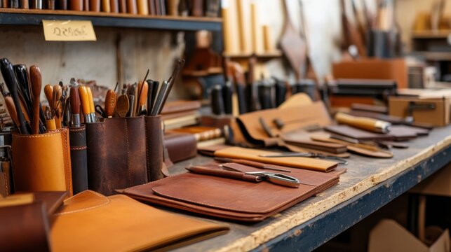 A stylish leatherworking studio with leather tools and artisanal products, Leather crafting tools and stylish leather goods neatly organized, Handcrafted luxury style
