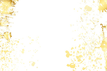 Gold foil splatter glitter and gold confetti. Festive background with gold glitter and confetti for celebration. Glowing golden particles. Golden stroke on transparent white background.