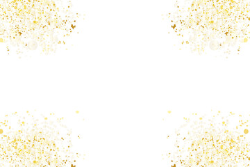 Gold foil splatter glitter and gold confetti. Festive background with gold glitter and confetti for celebration. Glowing golden particles. Golden stroke on transparent white background.