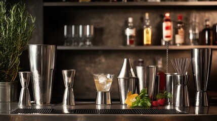 A stylish mixology lab with cocktail shakers and premium spirits, Mixology tools and garnishes neatly arranged, Contemporary cocktail lounge style