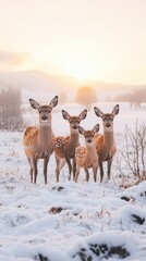 Obraz premium Majestic Deer Family Standing Together Against Winter Sunset