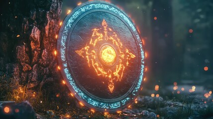Obraz premium Mystical Shield with Glowing Runes in Enchanted Forest Setting