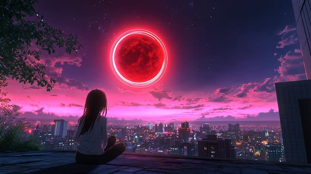 Anime girl sitting on the ground, watching a red moon in the night sky with a neon light ring and a city skyline in the background, in the anime style illustration,