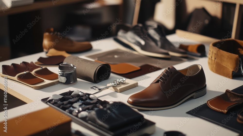 Poster A stylish shoe customization studio with shoe materials and design tools, Customization tools and leather pieces meticulously arranged, Fashionista's dream style