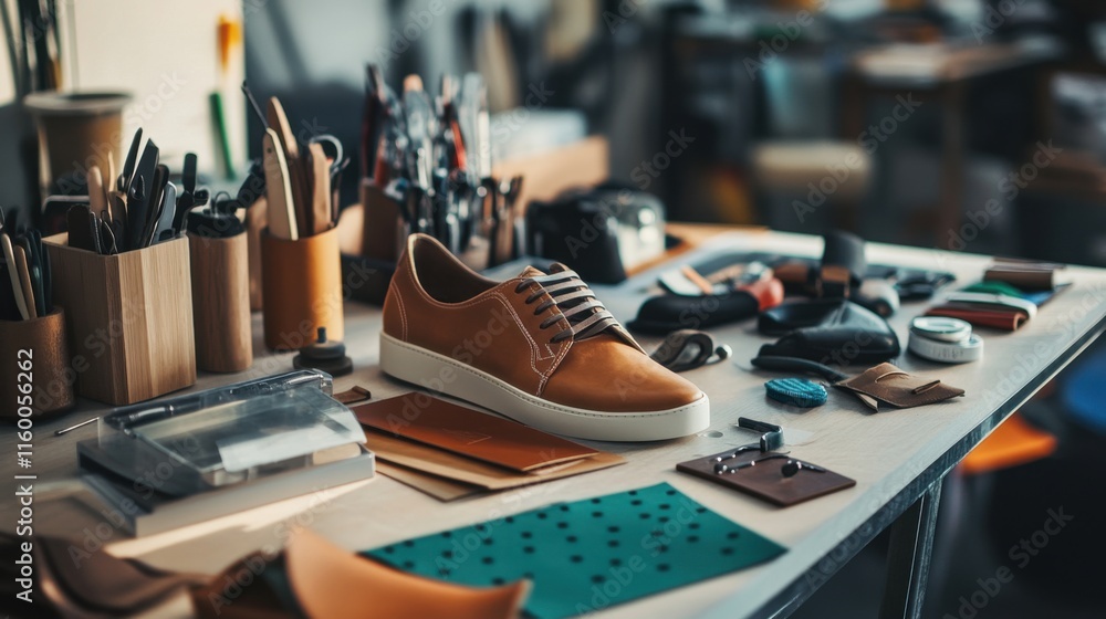 Poster A stylish shoe customization studio with shoe materials and design tools, Customization tools and leather pieces meticulously arranged, Fashionista's dream style