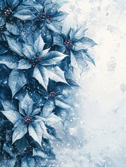 Impressionistic Depiction of Frosty Poinsettia Flowers Framing a Wintery Background with Soft Snowflakes and Gentle Color Palette for a Christmas Theme