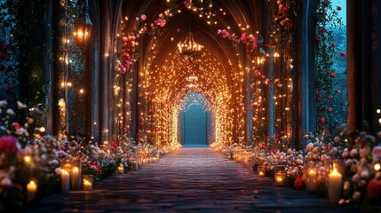 Romantic pathway with flowers, lights, and candles. Perfect for wedding, romance, or fairytale themes.