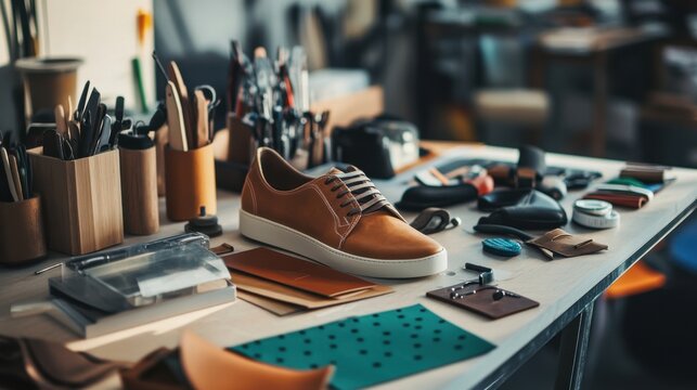 A stylish shoe customization studio with shoe materials and design tools, Customization tools and leather pieces meticulously arranged, Fashionista's dream style