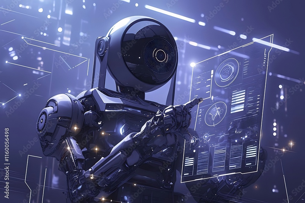 Poster futuristic robot analyzing data on holographic screen.