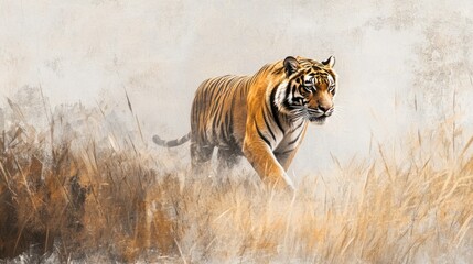 Naklejka premium A Bengal tiger walking through misty grasslands, painted in oil on a vintage grunge paper background with soft gray and brown accents, exuding mystery and grace