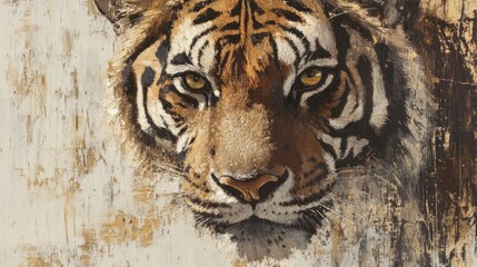 A close-up of a Bengal tiger's face, highlighting its intense gaze and whiskers, painted in oil on old grunge paper with faded ochre and beige tones, realistic details emphasized