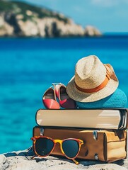 Beach Vacation Items with Hats and Sunglasses Overlooking Turquoise Sea and Rocky Cliffs : Generative AI