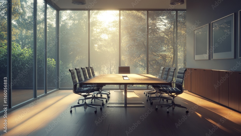 Poster sunlit modern conference room with large windows overlooking a tranquil forest.