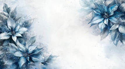 Impressionistic Frame with Delicate Blue Floral Border Featuring Poinsettias for a Festive Holiday Atmosphere Perfect for Christmas Celebrations and Decorations