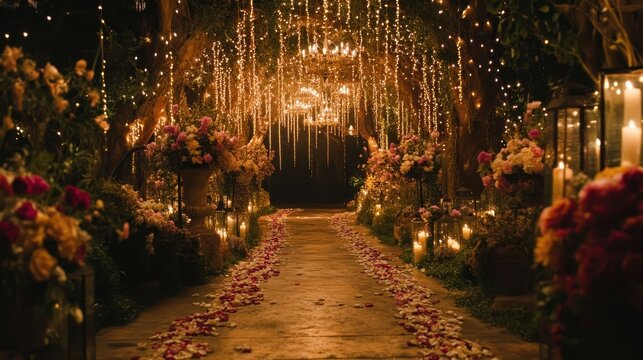 Romantic wedding aisle, glowing with fairy lights and candles, petals strewn. Perfect for wedding invitations, blogs, or romantic event promotions.