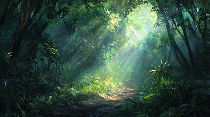 Fototapeta premium Sunbeams illuminate a lush, green jungle path.