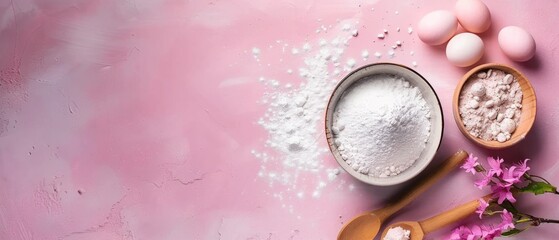 Baking ingredients like flour, eggs, and spices on colorful background. Flat lay composition with copy space for culinary and recipe design. Top down aerial view of flour, egg and ingredients. AIG55.