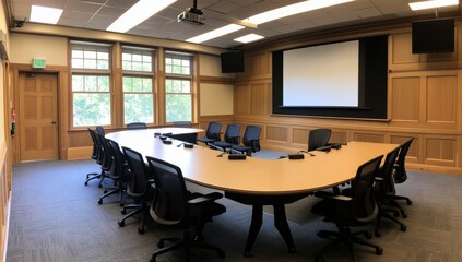 Modern conference room with large U-shaped table, projector, and screen.