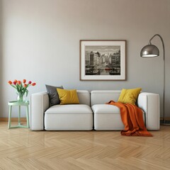 Modern living room interior, bright sunlight, arched window, white walls, minimalist decor, colorful sofa, orange throw blanket, round coffee table, vase with orange tulips, cityscape artwork, floor l